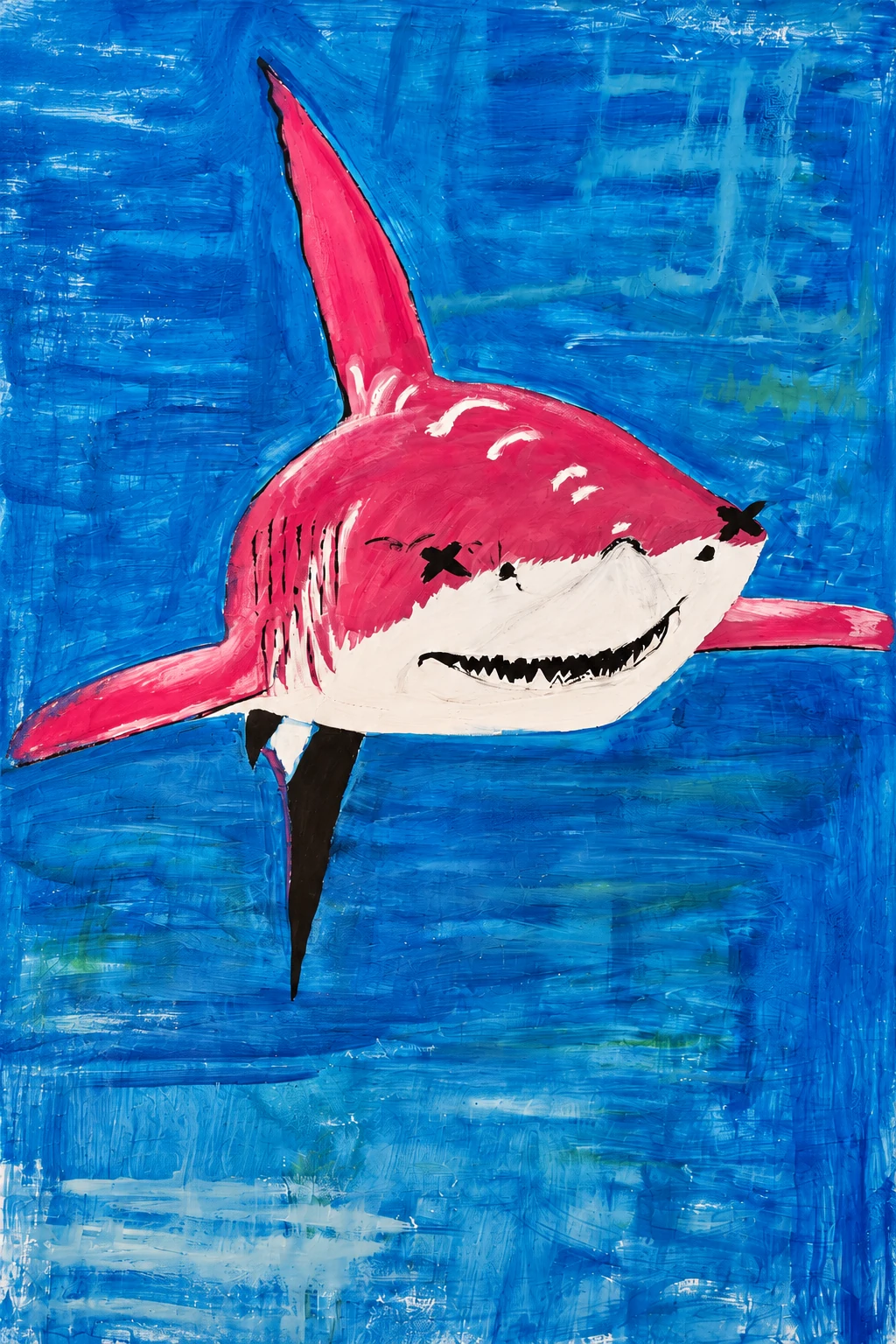 Mural pintado a mano: tiburón rosa sonriente sobre fondo azul